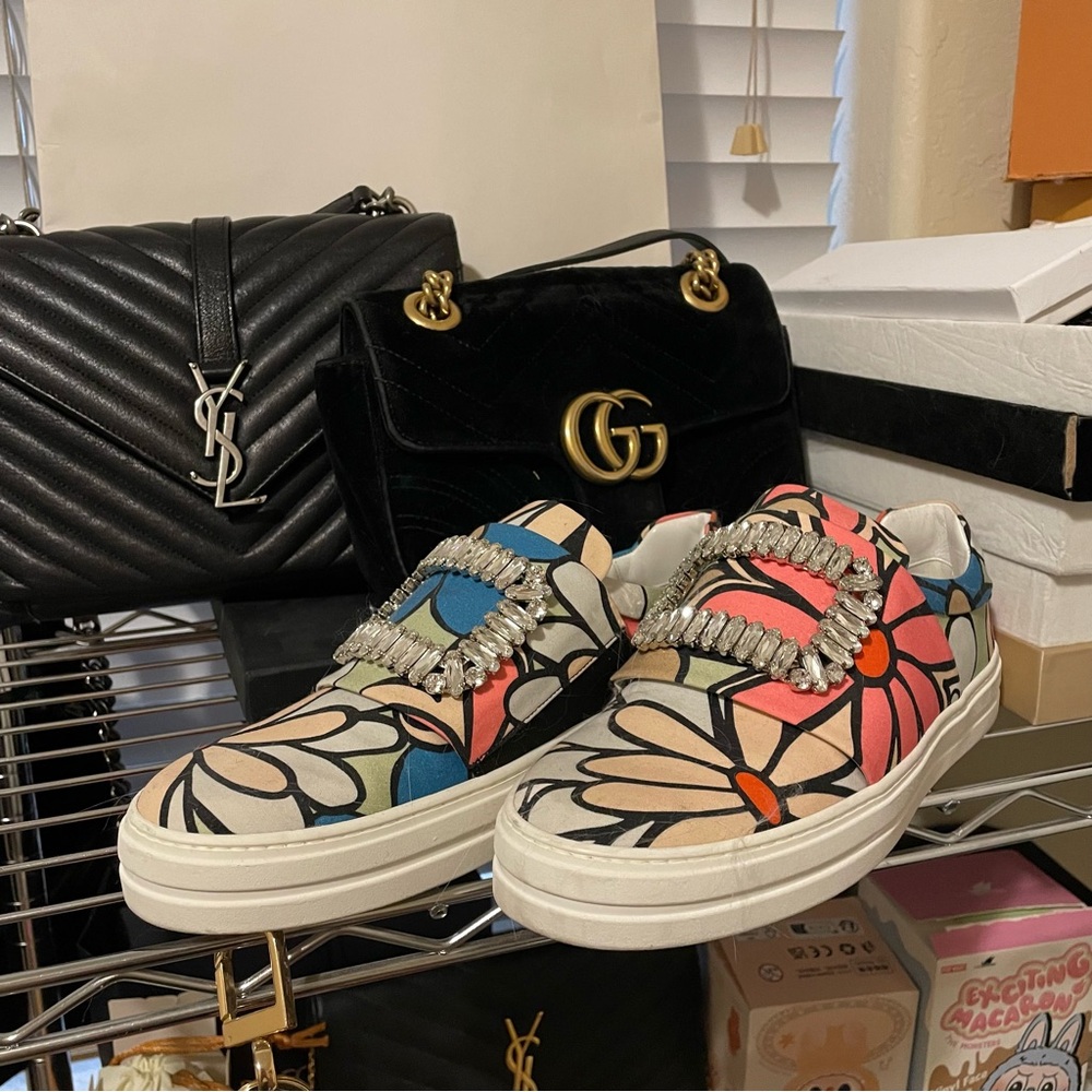 Roger Vivier Floral Slip-On Sneakers with Crystal Buckle - Multicolor